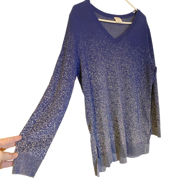 Soma Lurex V-Neck Sweater Tunic Galaxy Blue Silver Sparkles Long Sleeve Medium - Picture 2 of 9
